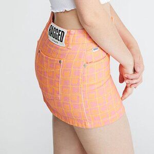 The Ragged Priest Sz 26 Denim Low Rise Mini Skirt Retro Print Orange Pink